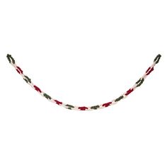 a red, white and green necklace with beads on it's end is shown