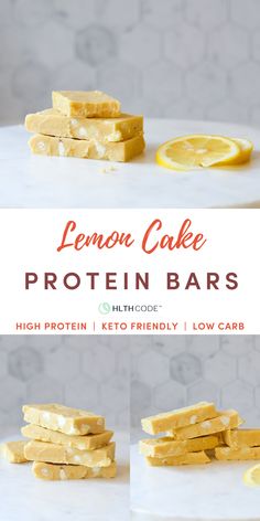 lemon cake protein bars stacked on top of each other