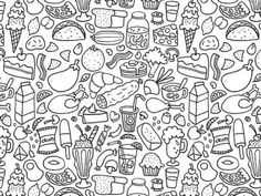 a black and white drawing of many different things in the background, including ice cream