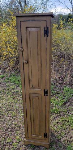 an old wooden cabinet sitting in the grass