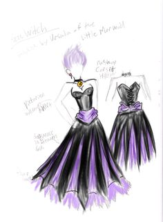 a drawing of two dresses in purple and black