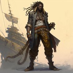 a pirate with dreadlocks standing in front of a ship