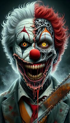 a creepy clown with red hair holding a chainsaw in front of it's face