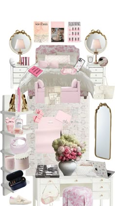 a collage of pink and white bedroom decor with accessories on the bed, dressers,