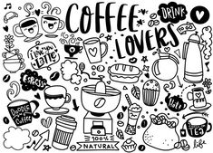 black and white drawing of coffee lover's words in various shapes, sizes and colors