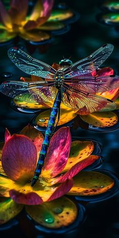 a dragonfly sitting on top of a lily pad in the middle of some water