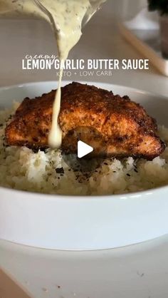 the video shows how to make lemon garlic butter sauce over rice in a white bowl