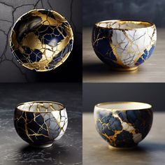 three different bowls with gold and blue designs on them, one has cracked glass in the middle