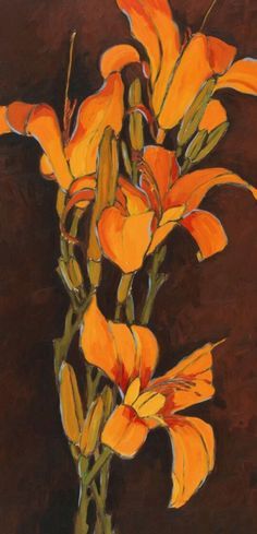 a painting of orange flowers on a brown background