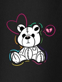 a drawing of a teddy bear with hearts on it's chest, sitting down