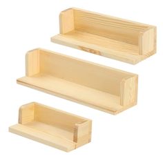 three wooden shelfs are shown on a white background