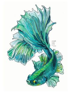 a drawing of a blue and green fish