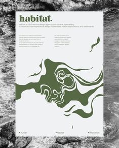 a poster with the words habitat in green and white, on top of some rocks