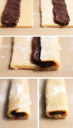 the process of making homemade pastries is shown in four different stages, including being rolled up and uncooked