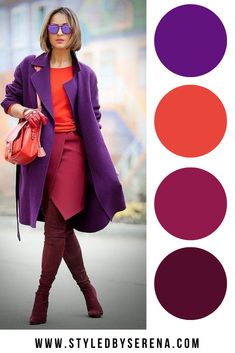 Magenta And Navy Blue Outfit, Raspberry Outfit Color Combos, Plum Colour Combinations, Purple Colour Combinations Outfit, Red Purple Outfit, Red And Purple Outfit Ideas, Purple And Red Outfit, Red And Purple Outfit, Colour Blocking Outfit