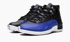 The Women’s Air Jordan 12 “Hyper Royal” is a women��’s-exclusive colorway of the retro basketball shoe that was released in October 2022.  The “Hyper Royal” draws loose inspiration from the Jordan 12 “Flu Game” and “Playoffs” as it features a black tumbled leather upper with a contrasting mudguard.  On the “Hyper Royal,” the model’s signature basketball-textured mudguard appears in royal blue.  Additional Hyper Royal accenting includes a royal Jumpman logo and “Two 3” branding on the tongue, “23” Two3 Jordans, New Jordans, Royal Shoes, Purple Games, Silver Heel, Basketball Shoes For Men, Retro Basketball Shoes, Blue Jordans, Retro Basketball