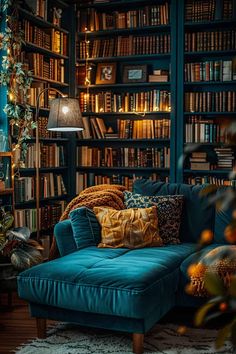 a blue couch sitting in front of a bookshelf filled with lots of books