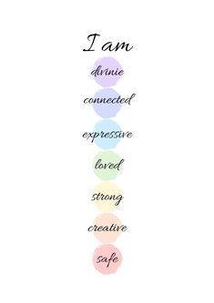 the words i am are written in different colors and sizes on a white background with circles