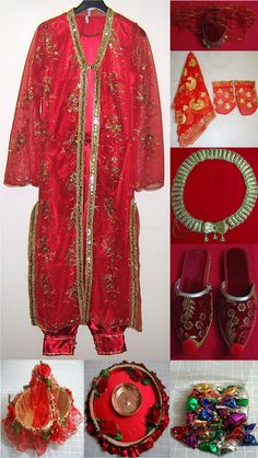 a collage of red and gold items including shoes, hats, scarves and other accessories