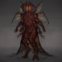 an image of a demonic creature with wings on it's head and body, standing in