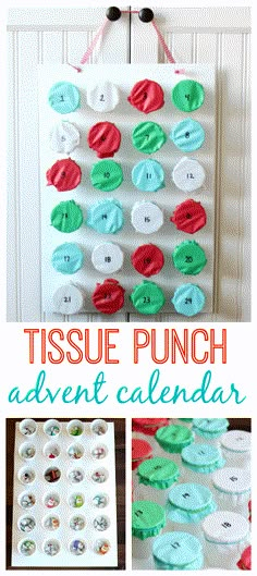 a collage of different pictures with the words tissue punch calendar on it and an image of