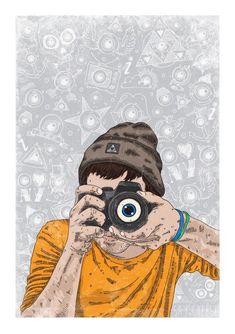 a drawing of a man taking a photo with a camera and wearing a beanie