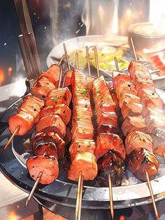 several skewers of food being cooked on a grill