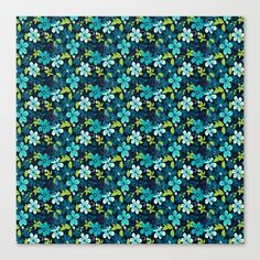 blue and green flowers on black background canvas print