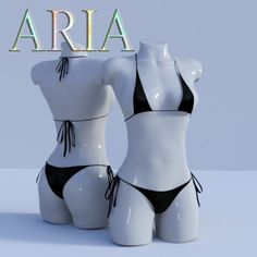 two white female mannequins with the word aria on their heads in front of them