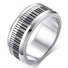 Perfect Gift for the Piano Player - Personalized Stainless Steel Piano Musical Spinner Band Ring - https://www.forevergifts.com/personalized-stainless-steel-piano-musical-spinner-band-ring/ Commitment Rings, Hip Hop Rings, Wedding Bands For Him, Piano Key, Mens Stainless Steel Rings, Piano Keys, Musician Gifts, Mens Ring, Viking Jewelry