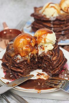 chocolate pancakes with ice cream and caramel drizzle