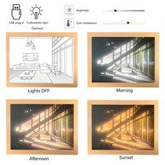 four frames with architectural drawings in them on a white background, including stairs and windows