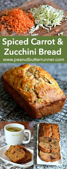 sliced carrot and zucchini bread on a cooling rack next to a cup of tea