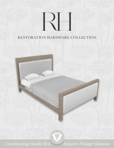 an advertisement for restoration hardware collection featuring a bed with white linens and wood headboard