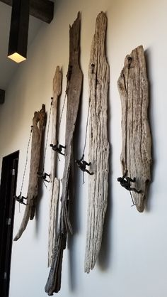 three driftwood pieces are hanging on the wall