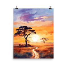 a painting of a sunset with a tree in the foreground and a stream running through it