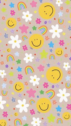 a pattern with smiley faces and rainbows on the background is an image of flowers, stars