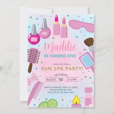 this is an image of a birthday party card with makeup and hair products on it