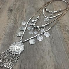 Tribal Plate Necklace +Silver plated Coins +Long String Leather +Ethnic Jewelry Silver Coin Necklace, Boho Statement Necklace, Western Necklaces, Necklaces Chain, Silver Jewelry Box, Coin Pendant Necklace, Boho Chic Jewelry, Bohol, Western Jewelry