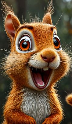 a close up of a cartoon squirrel with big eyes