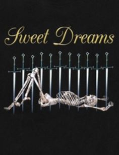 a skeleton laying on its back in front of a fence with the words sweet dreams above it