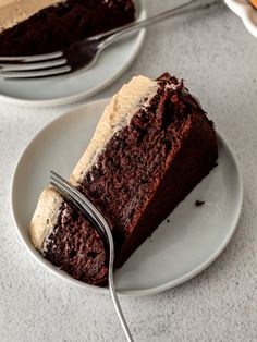 a piece of chocolate cake on a plate with a fork