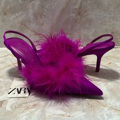 This Is An Incredible Gorgeous Pair Of Fuchsia Color Slingback Heels. They Are Two Inch Heel Satin Base With Feather Trim. They Say A Size 39. I Wear An 8 So They Do Run Small . I Think They Are Maybe 7 1/2, Because Of The Narrow Toe. If You Have A Narrow Foot This Would Work For Size 8. Purple Pointed Toe Slingback Pumps For Evening, Purple High Heel Slingback Pumps For Spring, Zara Slingback Pumps For Party With Round Toe, Zara Slingback Pumps With Round Toe For Party, Purple Slingback Pumps With Heel Strap For Party, Purple High Heel Slingback Pumps For Formal Occasions, Zara Open Toe Slingback Pumps For Party, Chic Purple Slingback Pumps For Spring, Chic Purple Slingback Pumps For Formal Occasions