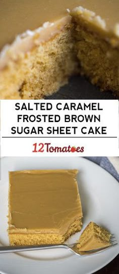 sliced caramel frosted brown sugar sheet cake on a white plate with a fork