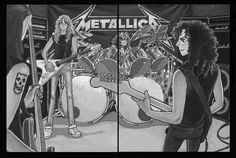 two black and white pictures of people playing instruments in front of a metalica sign