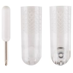 two clear glass toothbrush holders next to each other on a white surface with a metal tip