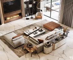 a modern living room with marble flooring and furniture