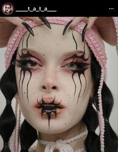 Large Stretched Ears, Drag Inspired Makeup, Pink Goth Makeup, Gothic Clown Makeup, Unconventional Makeup, Spider Makeup