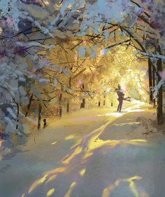 a painting of a person standing in the middle of a snow covered forest at sunset