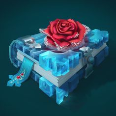 a red rose sitting on top of a piece of blue ice with jewels around it